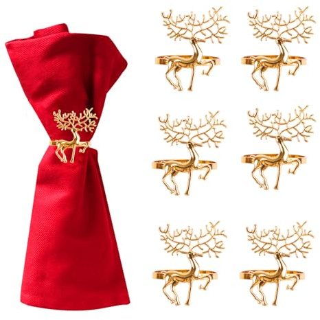 DERAYEE 12 PCS Christmas Napkin Rings, Reindeer Napkin Rings Gold Elk Napkin Holders Napkin Buckle for Xmas Thanksgiving Party Holiday Wedding Table Decoration