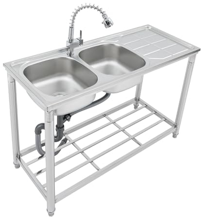 Küchenspüle 2 Becken Gewerbespüle Freistehende Edelstahl mit Ausziehbarer Wasserhahn für Küchen,Bars,Restaurants,Dessertshops 120 * 50 * 80CM
