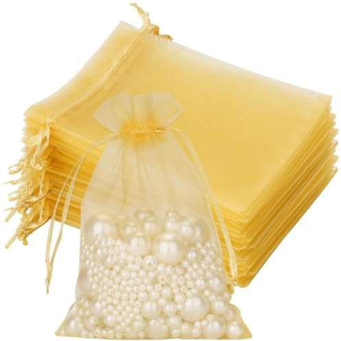 NIANOPKM 50 pieces Pochette Cadeau Doré Sachet organza Gift Bags Bijoux Sac en 7x9 cm Tulle Bonbon Dragees de Lavande Marriage Sacs à Cordon petit pochette tissu
