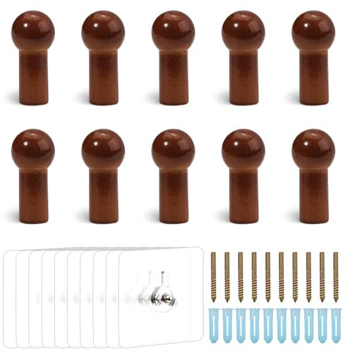 Realand 10Pcs Wood Wall Hooks, Natural Wooden Coat Hooks Wall Mounted, Rustic Decorative Hat Hooks Heavy Duty Pegs for Hanging Bathroom Towel Clothes Bag Hanger, Walnut