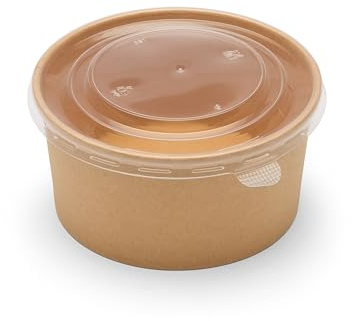 Londoncoffeecups 1000ml Round Kraft Recyclable Food Containers with Lids - Takeaway Bowls for Hot/Cold Food - Leakproof Takeaway Containers - Brown Cardboard Packaging Bowl (Round, 1000ml, Case of 50)