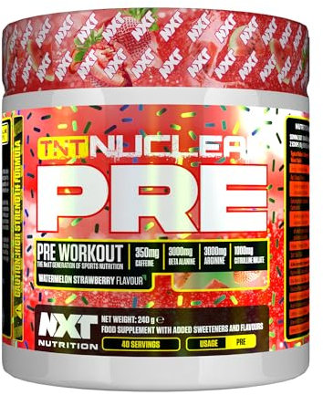 NXT Nutrition TNT Nuclear Pre Workout – Pre Work Out Energy Drink| L-Citrulline, Beta Alanine, Caffeine for Pump, Endurance & Focus - 40 Servings Mixed Candy, Vegan | Glitter | Watermelon & Strawberry