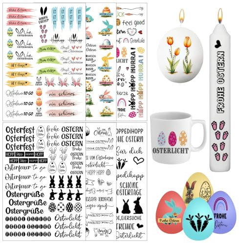 Kerzentattoos Ostern - 6 Stück A5 Wasserschiebefolie mit Osterhasen und Ostereier - DIY Kerzen Dekorieren - Frohe Ostern Dekoration