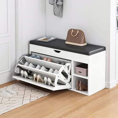 ihomemore Schuhschrank mit Türen und Sitzkissen – Moderne Schuhbank mit Stauraum und gepolsterter Sitzfläche für Flur, Eingangsbereich oder Garderobe Weiß