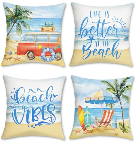 Bonhause Summer Beach Cushion Covers 45 x 45 cm Campervans Surfboad Tropical Tree Ocean Coastal Decorative Throw Pillow Covers for Sofa Couch Bed Home Seaside Decor Set of 4