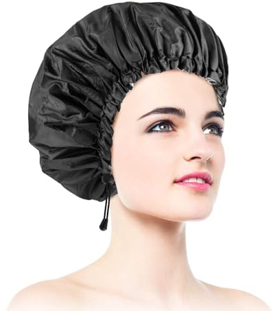 Shower Caps, Double Layer & Adjustable Bathing Cap for Shower, Extra Large Reusable Hair Cap for Women, Waterproof Exterior & EVA Lining, Oversized Design for All Hair Lengths/Style