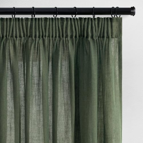 Topfinel Vorhänge Olivgrün Kurz Leinen 145x140cm Gardinen Küche Kinderzimmer Schlafzimmer Deko Vintage Vorhang mit Kräuselband Halbtransparent Voile Gardine für Schienensystem 2er Set