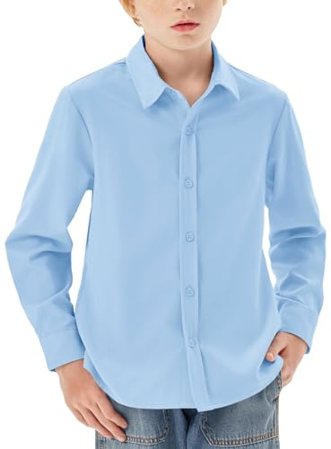 Haloumoning Camisa de manga larga para niño, con botones, corte regular, informal, informal, fiesta, camisas, monocolor, fácil de planchar, uniforme escolar formal