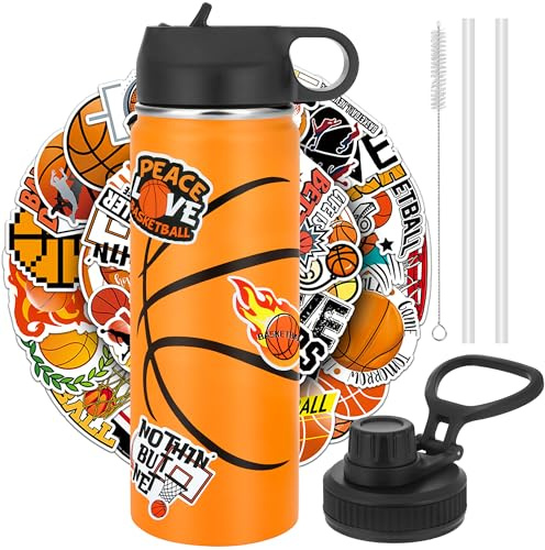 Basketball Trinkflasche Edelstahl 18oz/530ml mit 2 Deckel (Strohhalm & Ausgießer), 100 Aufkleber– Personalisiertes Schule und SportFlasche Geschenk für Jungen Kinder (Orange)