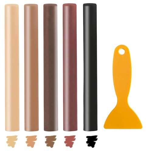 5 pezzi set di riparazione per laminato, pennarelli per riparazione mobili, pastelli per riparazione mobili, bastoncini di cera per legno per riempire e riparare graffi e fori su mobili e pavimenti in