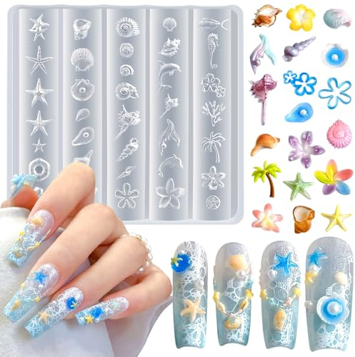 Ocean Nagel Charms Silikonformen Meer Blumen Seestern Muschel Nageldesign Nagelschablonen 3D Gel Nail Art Zubehör Nageldesign Silikonform Sommer Nagel Charms Nagelstempel Nagel Schablone Nagelform