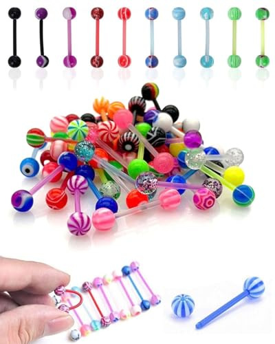 HUVZOR 50Pcs Piercing langue en plastique, Bijoux de piercing de langue personnalisés, Souple Silicone et Acier Chirurgical Barres Piercing 16mm 1.6mm, bijoux pour piercing corporel