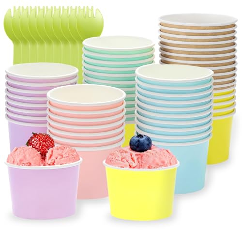 MEETOZ Paper Ice Cream Cups, 60-Count 150ml/5oz Dessert Bowls, Hot/Cold Paper Snack Cups, Soup Bowls, for Party, Home and Office,Camping, with 60 Dessert Spoons
