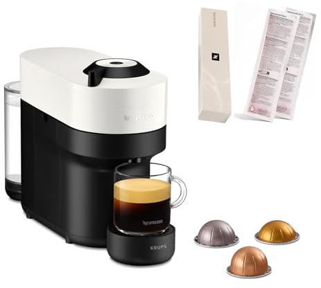 Krups Nespresso VERTUO Pop XN9201DES - Cafetera de cápsulas, máquina de café expreso, 4 tamaños tazas, tecnología Centrifusion, 35% plástico reciclado, Incluye Kit Descalcificador, Color Blanco