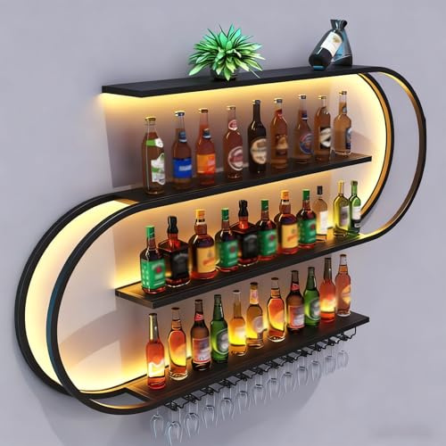 Wand montiertes Weinregal, halbrundes mehrschichtiges Weinregal mit Weinglashaken, Weinflaschen-Präsentationsregal aus Eisen, geeignet für Küche, Bar, Café (ohne Glühbirnen) (Black, 120CM/47.2IN)