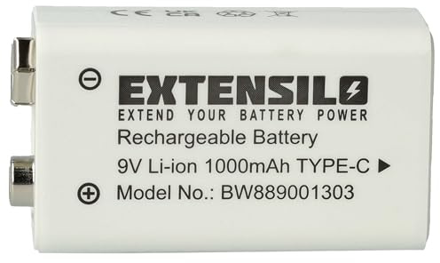 EXTENSILO 9V-Akku Block kompatibel mit Daitem SP 150-21X | 03/07 (1 Ah, 9 V, Li-Ion), ready-to-use, mit USB-C Buchse