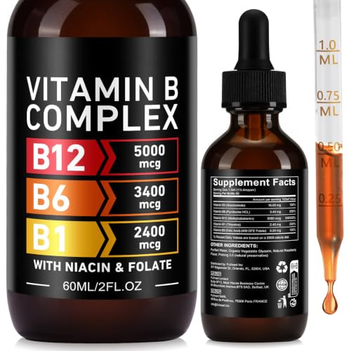 Vitamin B12 Liquid Drops Methylcobalamin 5000mcg 60ml | Sublingual with B1 B6 Niacin Folate, Raspberry Flavour, Vegan Food Supplement,40-Day Supply
