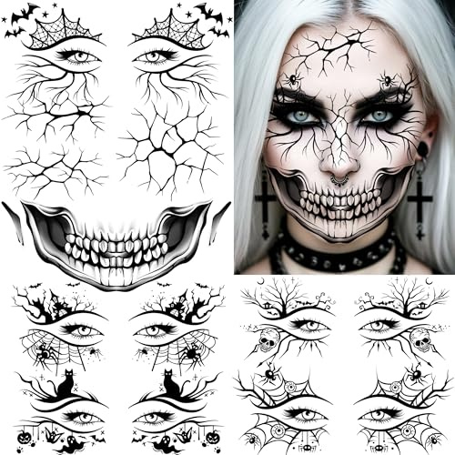 7 hojas tatuajes faciales Halloween tatuaje temporal cráneo boca flash grieta ojo cara pegatinas realista araña telaraña tatuajes falsos tatuajes párpados maquillaje maquillaje Halloween disfraz