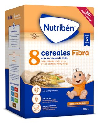 Nutribén Papilla 8 Cereales Papilla Instantanea de Cereales, 600g, Miel Fibra