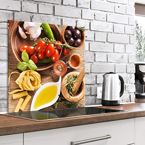 murando Glass Splashback for Kitchen Backsplash Cooker Protector | Tempered Glass Decorative Wall Art Panel Heat Resistant Graphic 60x60 cm / 24x24 Spices Vegetables Pasta Olive Garlic