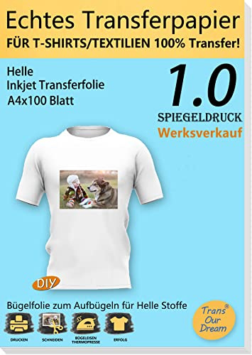 TransOurDream ECHTE Inkjet Bügelfolie Transferfolie Transferpapier A4X100 Blatt, T-Shirt Folie zum Aufbügeln,Bügelfolie für helle T-Shirt für Tintenstrahldrucker,Textilen Transferfolie(1-100)