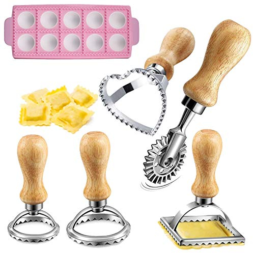 Ravioli Stamp Maker Cutter Set, Square Round Ravioli Maker Wheel Heart Maker Mold with Wood Handle Pasta Making Kit Pastry Cutter Dumpling Maker Italian Ravioli Mould Tray for Ravioli Pasta Dumplings