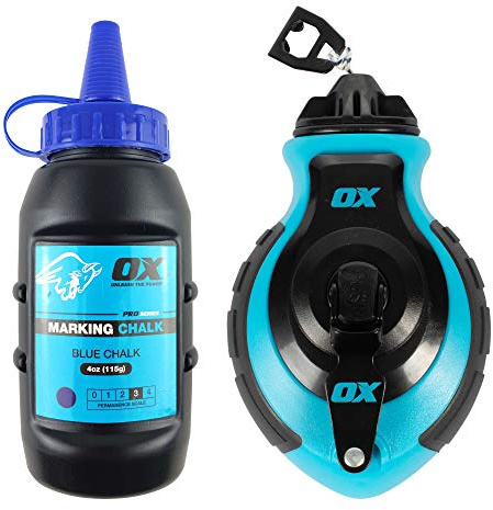 OX Tools Professional Chalk Line Reel & Chalk Powder Combo Pack, 6-to-1 gear ratio, 100' 8 Strand Strong compact chalk line and Blue Chalk Powder | P503502