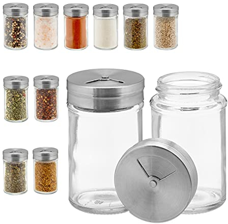 Relaxdays Gewürzstreuer, 12er Set, 3 Streugrößen, Gewürze & Kräuter, Gewürzgläser, Glas & Edelstahl, Silber/transparent