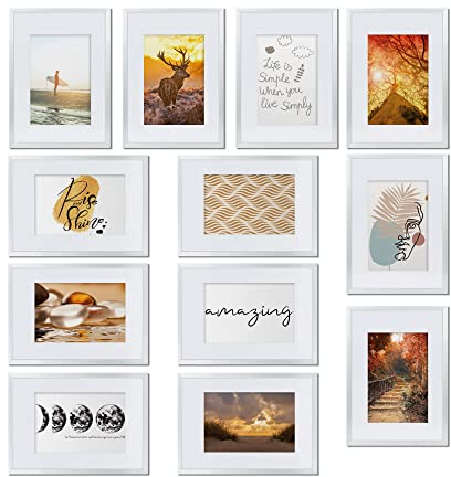 BOMOE Sunlight Lot de Cadres Photo 12 Pcs 13x18 cm Cadre Photo Ensemble pour Collages de Photos – Cadres Photo Blanc avec Passepartout – Cadre Décoration Murale Matière Synthetique