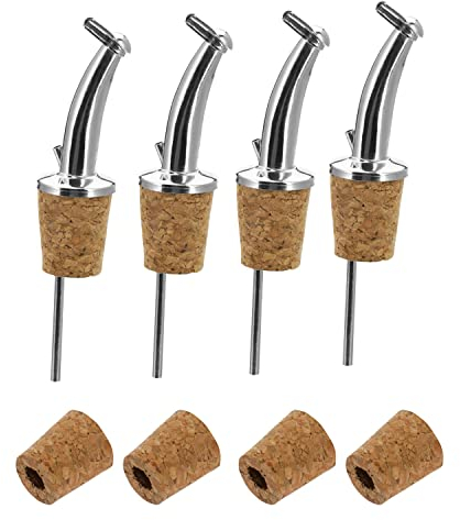 Westmark 4 verseurs à eau-de-vie/huile + 4 bouchons de rechange, extra courts, avec rabat et trachée, métal/laiton, sans nickel, liège naturel, gastro classique, argent, 438022E3