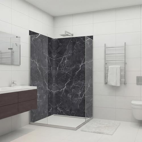 Dedeco 2x Premium Bad Duschrückwand mit Motiv: Marmor V7, 80x200cm, wasserfest, hochwertig fugenlose Wandverkleidung aus 3mm-Alu-Verbundplatte, Fliesenersatz ohne Bohren, Made in Germany