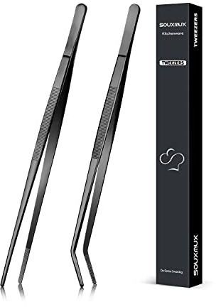 25cm Kochpinzette und Gebogene Pinzette, Präzisionsgezahnte Spitzen, Professionelle Küchenwerkzeuge aus Edelstahl zum Grillen, Plattieren und Servieren Schwarz