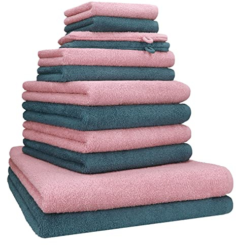 Betz Handtuch Set 12-teilig – 2 Duschtücher 70×140 cm, 4 Handtücher 50×100 cm, 2 Gästetücher 30×50 cm, 2 Seiftücher 30×30 cm & 2 Waschhandschuhe, 100% Baumwolle Oeko-TEX® Lotus/taubenblau Berlin