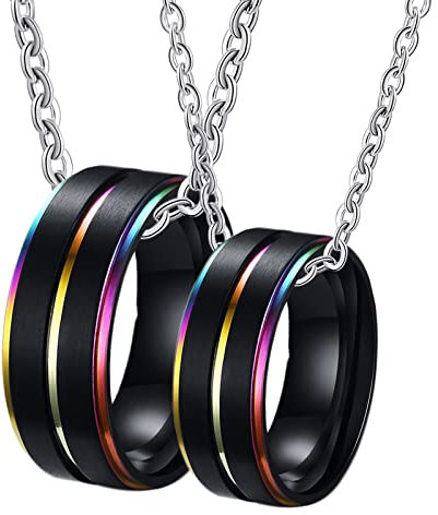 Homxi Ringe Partner Kette,Edelstahl Ring für Paare 2 Verlobungsringe Paar 8MM Schwarz Ring mit Leine Halskette Herren 60cm Damen Kette 50cm