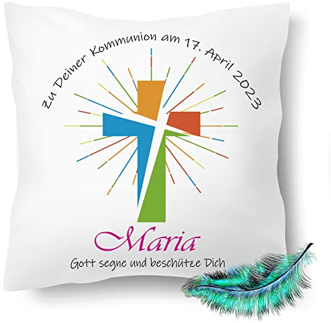 Print Deluxe Kommunion Geschenk, Personalisierbares Kissen bedrucktes für Jungen und Mädchen, mit Namen, Datum,Gott segne| Dekokissen,| Kuschelkissen 40X40 (mit Kissenfüllung)
