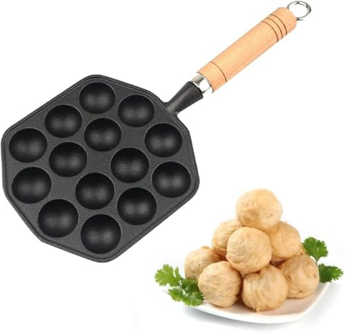 AYNEFY Gusseisen-Takoyaki-Pfanne, 14 Mulden, Abnehmbarer Griff | Gleichmäßige Wärmeverteilung für einheitliches Bräunen aller Kügelchen, haftreduzierende Oberfläche nach dem Einbrennen per