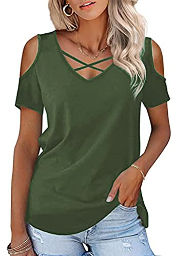 Maglietta Manica Corta Donna off Spalla T-Shirt con Scollo a V Crocevia Incrociata Tagliata Estive Maglia Casual Tinta Unita Larghe Elegante Moda Top Camicia