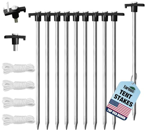 Eurmax USA 10-Pack Secure Protection Galvanized Tent Stakes,Rust-Proof Steel Canopy Anchors for High Winds,Heavy Duty Commercial Ground Pegs for Camping,Pop Up Tents&Gazebos - Includes 4x10ft Ropes
