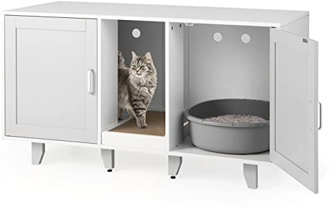 GOPLUS 3 in 1 Katzenschrank, Katzentoilette mit 2 Türen & abnehmbaren Beinen & herausnehmbarem Kratzbrett, Katzenhöhle Beistelltisch TV-Ständer für 2 Katzen, 120x52x65cm (Grau)