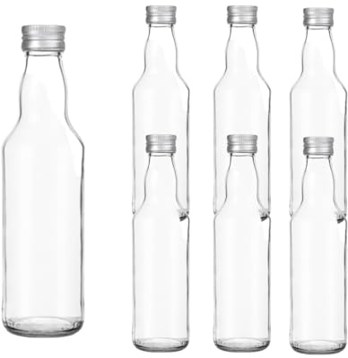 Vitrea 6 leere Glasflaschen 500ml Schraubverschluss Silber - Flaschen zum Befüllen mit Deckel - für Saft, Getränke, Likör, Öl, Saucen - 6 Stück, PP28, Kropfhals