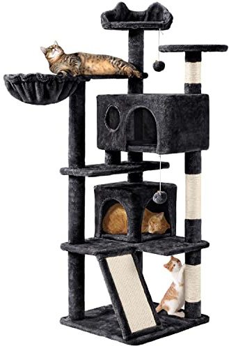 Yaheetech 144.5 cm Cat Tree for Indoor Cats, 2 Condos & Basket, Black | Scratching Posts, Multi-level Cat Tower, Ladder with Sisal Pad, Twin Top Beds, Anti-Tip Kit, 2 Play Toys, FSC-Certified