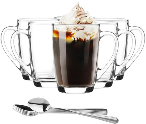 Glasmark KROSNO 1992 set di 6 tazze da caffè latte vetro trasparente 300 ml con manico 6 cucchiaini bicchieri da tè latte macchiato cappuccino
