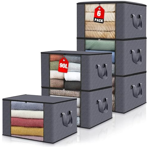 6 Piezas 90L Bolsas Almacenamiento Grandes, Contenedores Ropa Plegables Traer Tela Transparente Ventana, Bolsa Mudanza Viene con Asa portátil, Cajas Almacenaje para Lecho, Mantas, Juguetes(Gris)