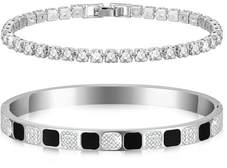 VNOX Armband Damen Armreif Schwarz : Frauen Tennisarmband Schachbrett 17cm 2Pcs Damen Armbänder Zirkonia 6mm Breit Edelstal Schmuck Geschenk für Mädchen Mama Freund Tochter