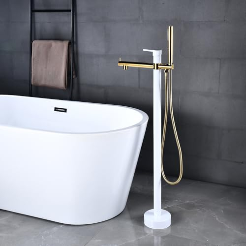 XJTNLB Freistehende Badewanne Armatur Weiß+Gold Badewannenarmatur mit Brause 360° Schwenkbar Duschgarnitur Set mit Handbrause