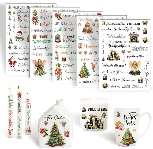 5 Stück Rub on sticker weihnachten,Folie Transferaufkleber DIY für Candle Glas Tattoos Weihnachten Stickers Decorator Rub On for Crafting for DIY-Kunsthandwerk, Geschenke Deko,Christmas Party