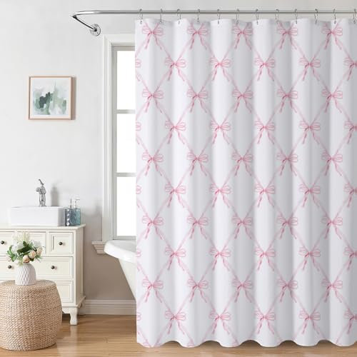 AIBIIN Bonita cortina de ducha con lazo rosa para baño, cortina de ducha de tela estética moderna, resistente al agua, material de poliéster con 12 ganchos, 180 x 180 cm