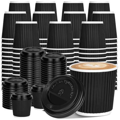 100 4oz Disposable Espresso Cups with Lids Ripple Corrugated Paper Disposable Coffee Cups Cups for Hot Chocolate, Tea, and Cocoa Drinks (Black)