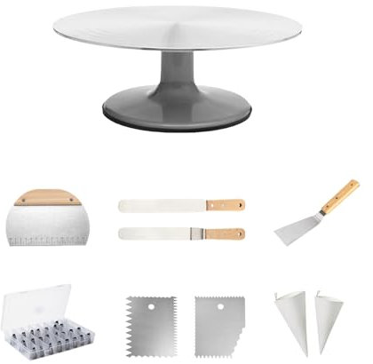 Cake Decorating Supplies Kit, Cake Baking Kit Includes 1 Cake Turntable,1 Cake Shovel, 2 Piping Bags,2 Icing Comb Scraper,3 Spatulas, A Box Of Piping Tip Set -24Types Of Cake Decorating Tips.