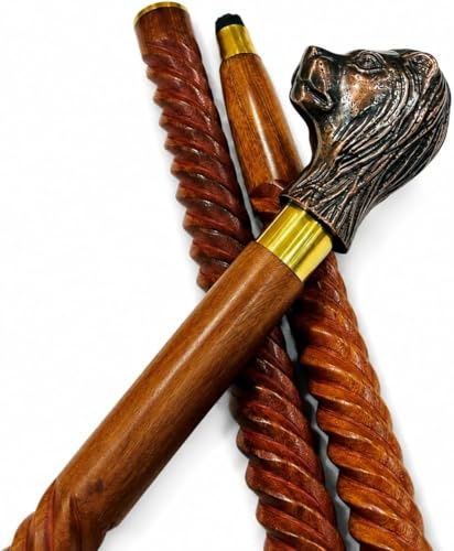 Bastón de madera con mango de latón | Bastón hecho a mano | Bastones decorativos | Bastón para hombre y mujer activo (cabeza de león)